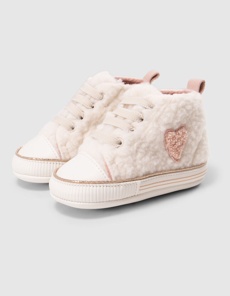 Ecru sherpa sneakers with baby girl heart-5