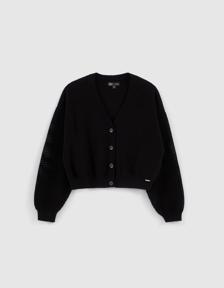 Cardigan cropped noir tricot manches ajourées fille-1