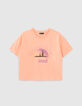 T-shirt corail bio visuel coucher de soleil fille-1