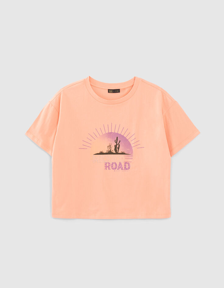 T-shirt corail bio visuel coucher de soleil fille-1