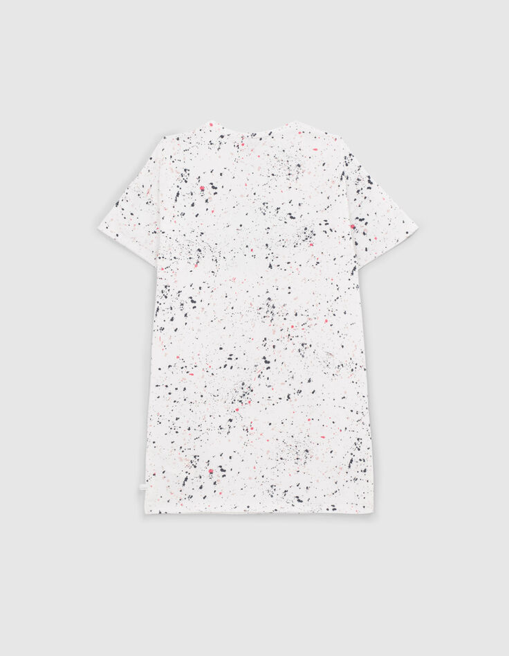 Girls’ white T-shirt dress with tachist print-3
