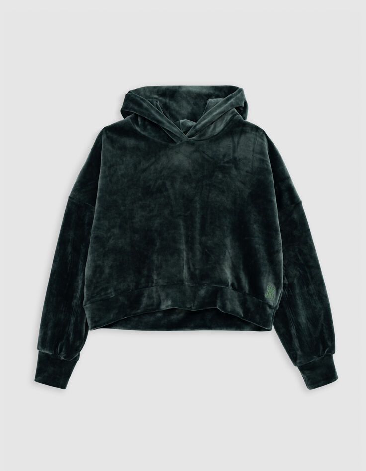 Girl's green velvet knit hoodie-3