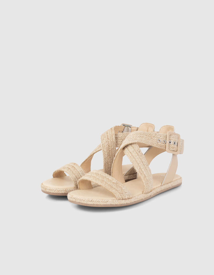 Platte sandalen in naturel raffia gesp enkel dames-5