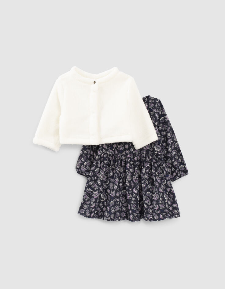 Baby girls’ navy 2-in-1 dress with plush cardigan-1