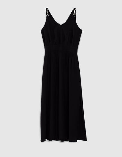 Women’s black long dress with beaded straps and slit - IKKS
