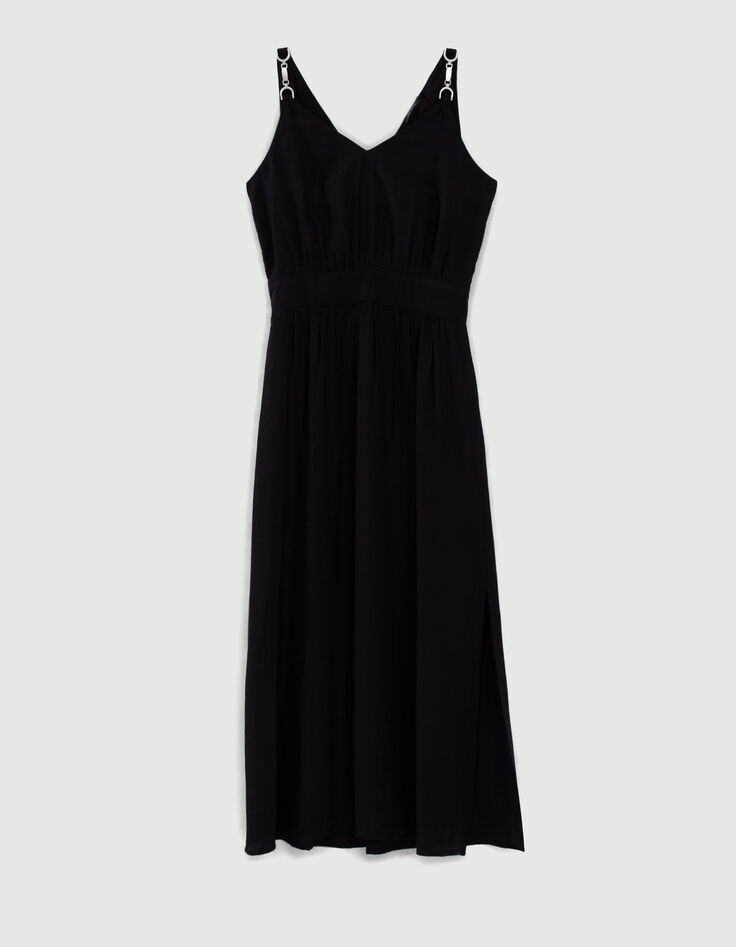 Robe longue noire bretelles bijoux et fente femme-1