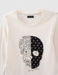 Ecru T-shirt biokatoen opdruk doodshoofd meisjes-5