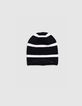 Girl's black knit hat with white stripes-2