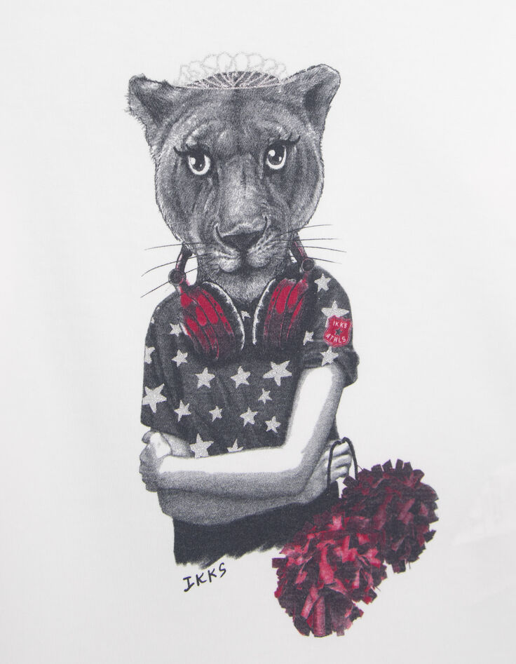 Cremeweißes Mädchen-T-Shirt mit Pompomgirl-Löwinnenmotiv-5