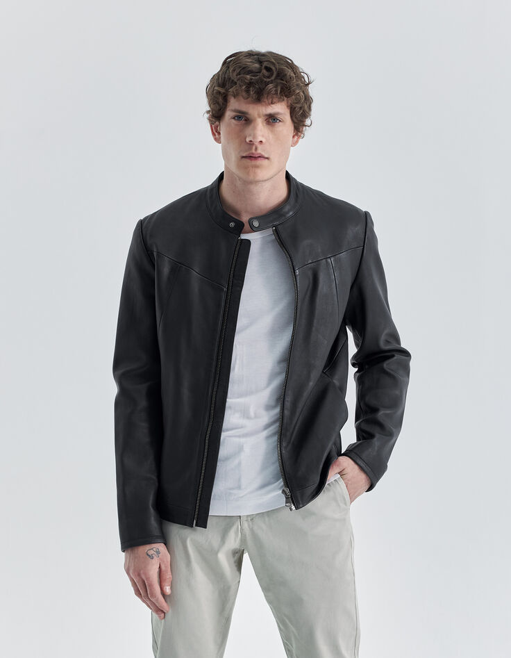 Blouson motard noir en cuir Homme-1