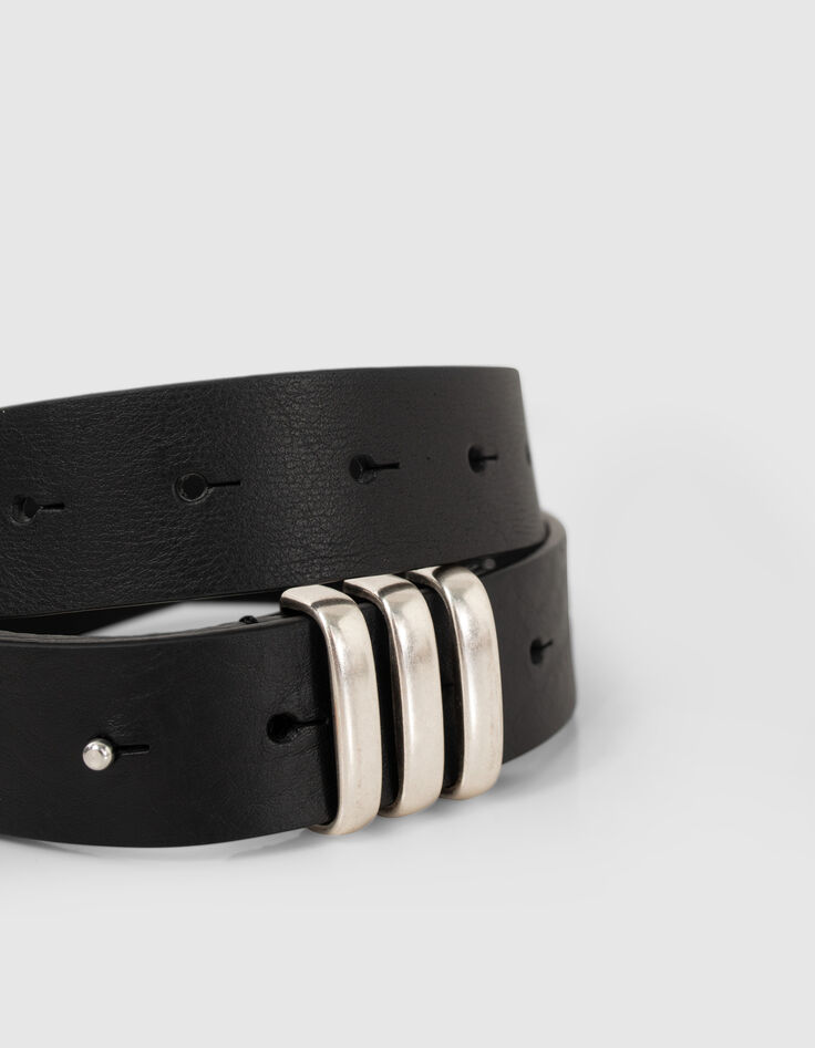 Ceinture noire en cuir de vachette avec trous femme-2