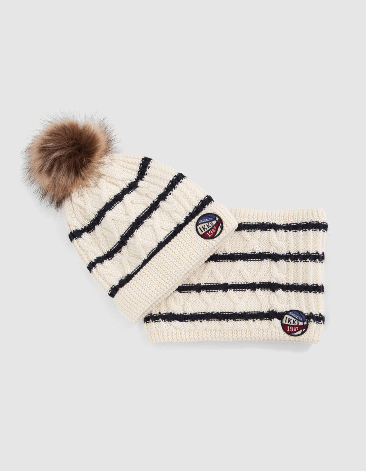 Baby boys’ ecru striped knit beanie & snood, ball badge-5