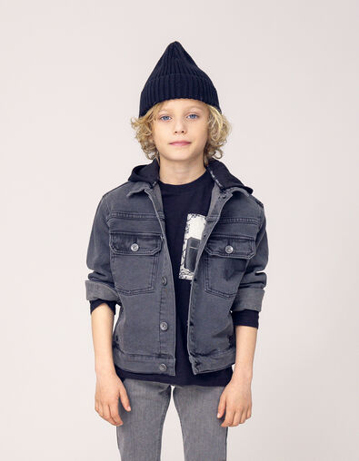 Boy's washed gray denim jacket with removable hood - IKKS