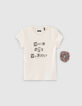 Ecru T-shirt biokatoen met tekst met scrunchie meisjes-1