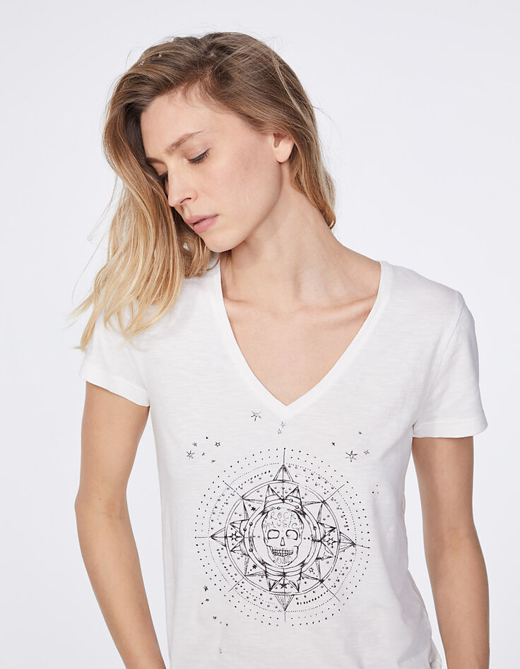 Cremeweißes T-Shirt aus geflammter Baumwolle mit Print-4