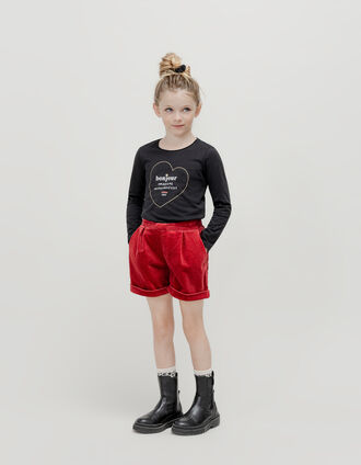 Girls' burgundy corduroy shorts with bow and belt