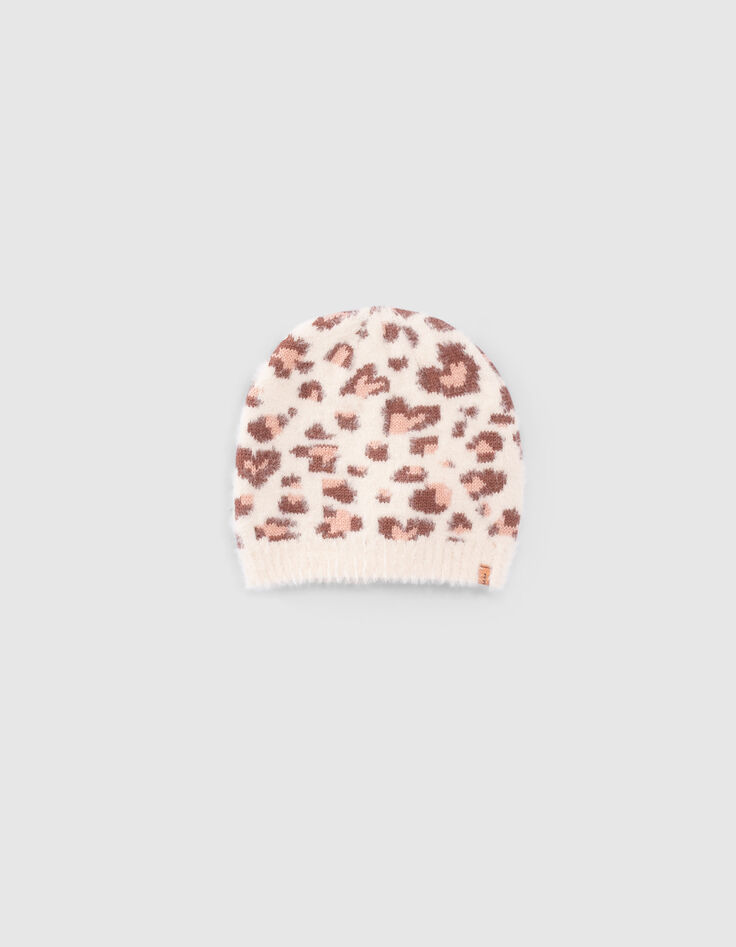 Bonnet écru tricot motif léopard-coeurs fille-1