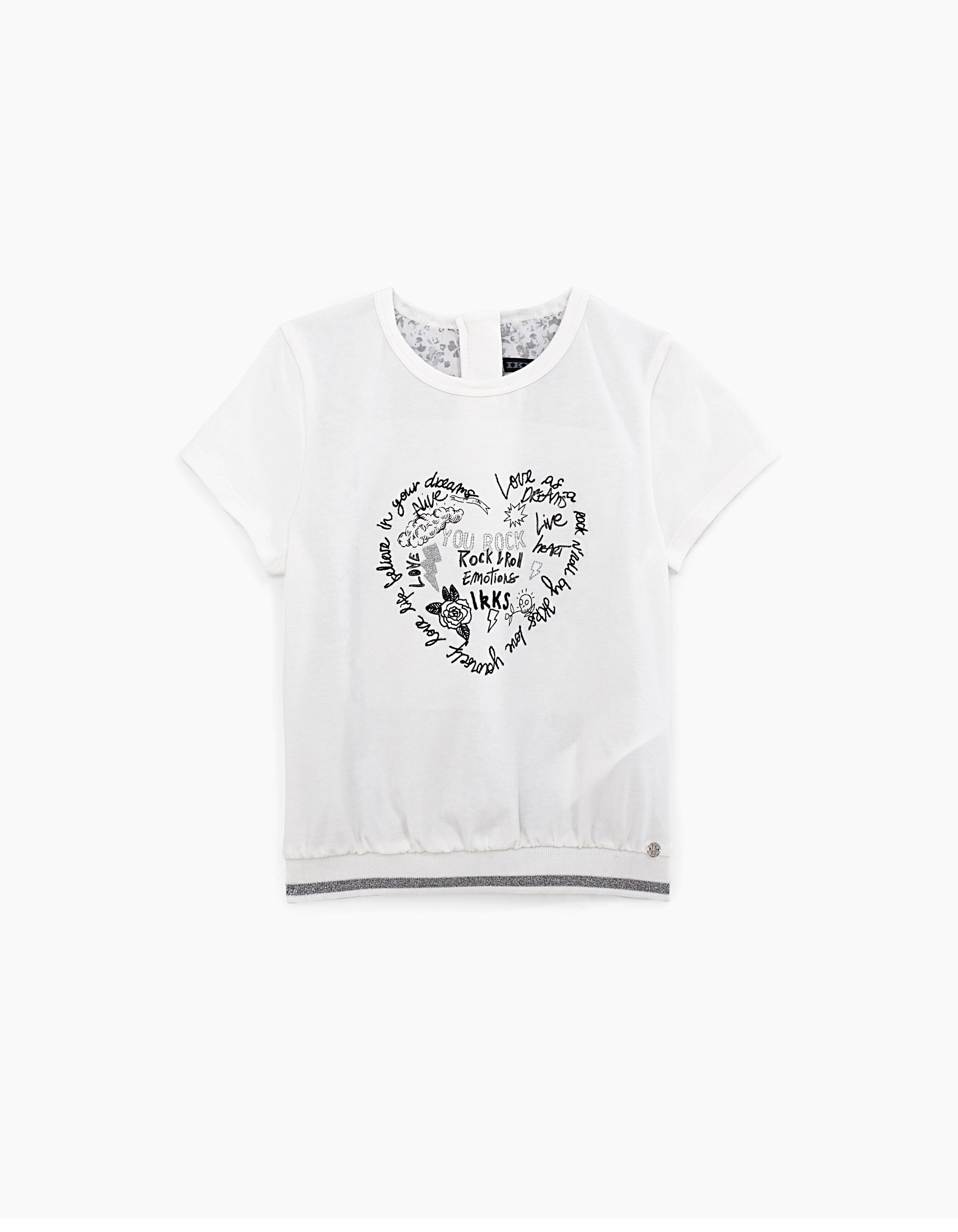 Girls' off-white mixed fabric T-shirt with printed back