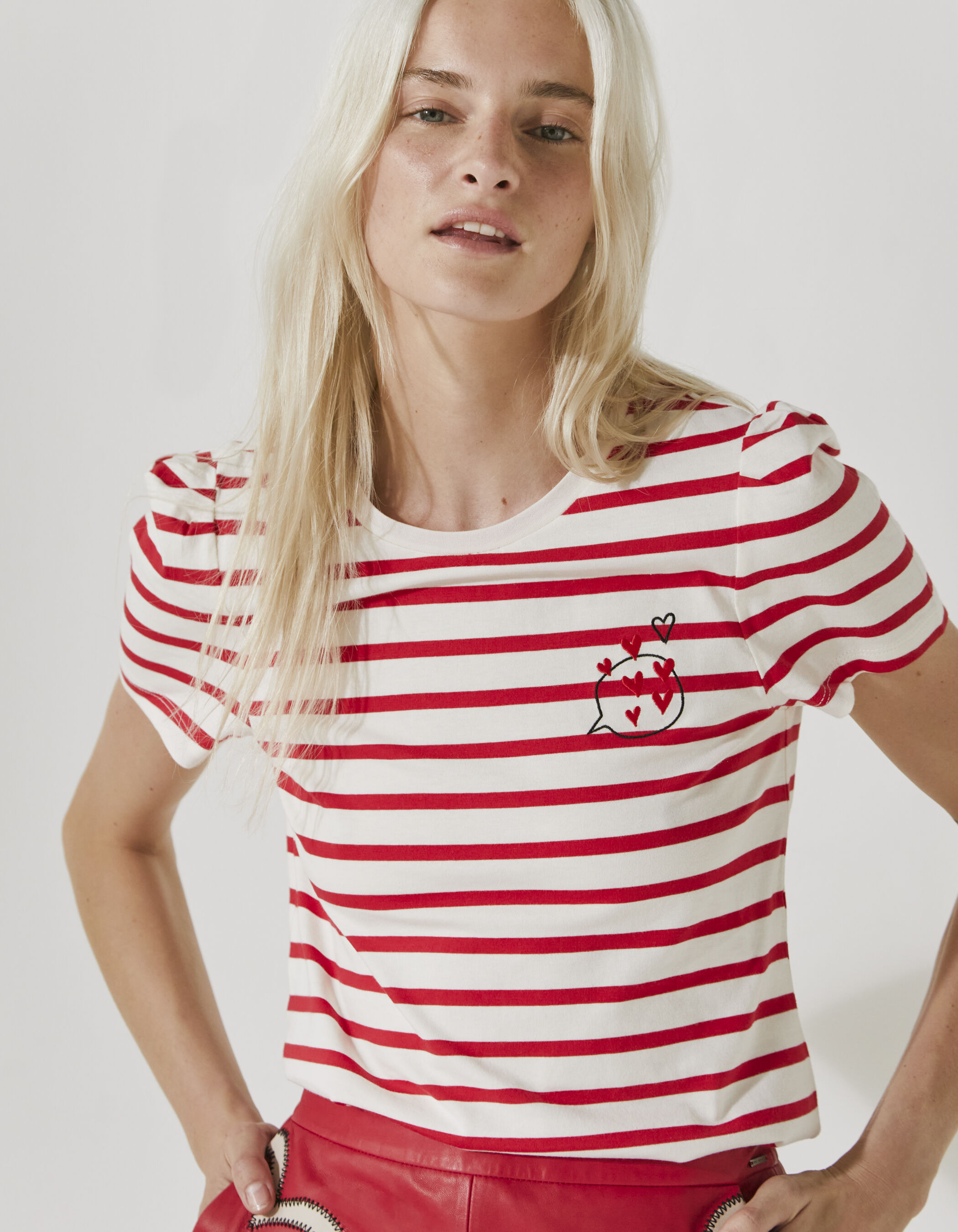 Women's sailor stripe-style cotton T-shirt, chest badges