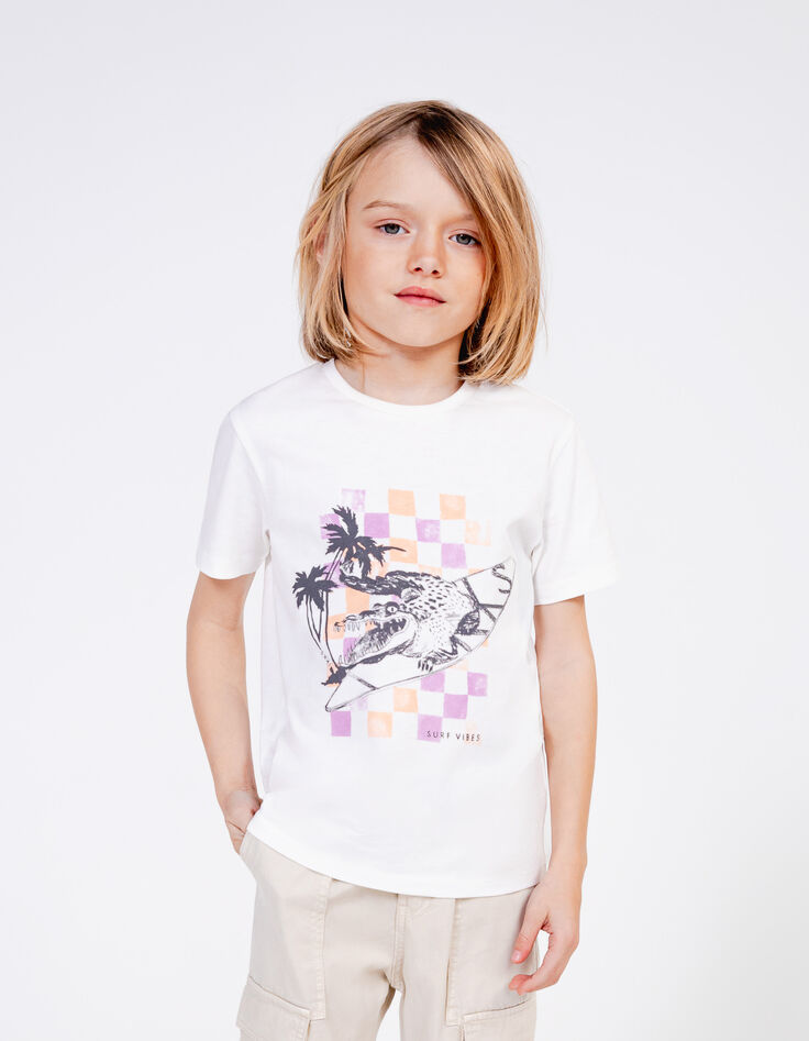Boys’ white T-shirt with crocodile-surfer image-2