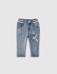 Baby boys’ blue jeans with print and ribbed waistband-1