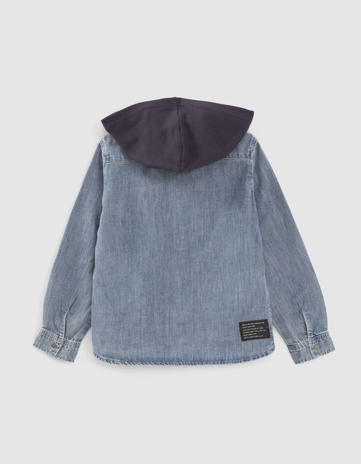 Boys’ light blue denim shirt with badge and hood-4