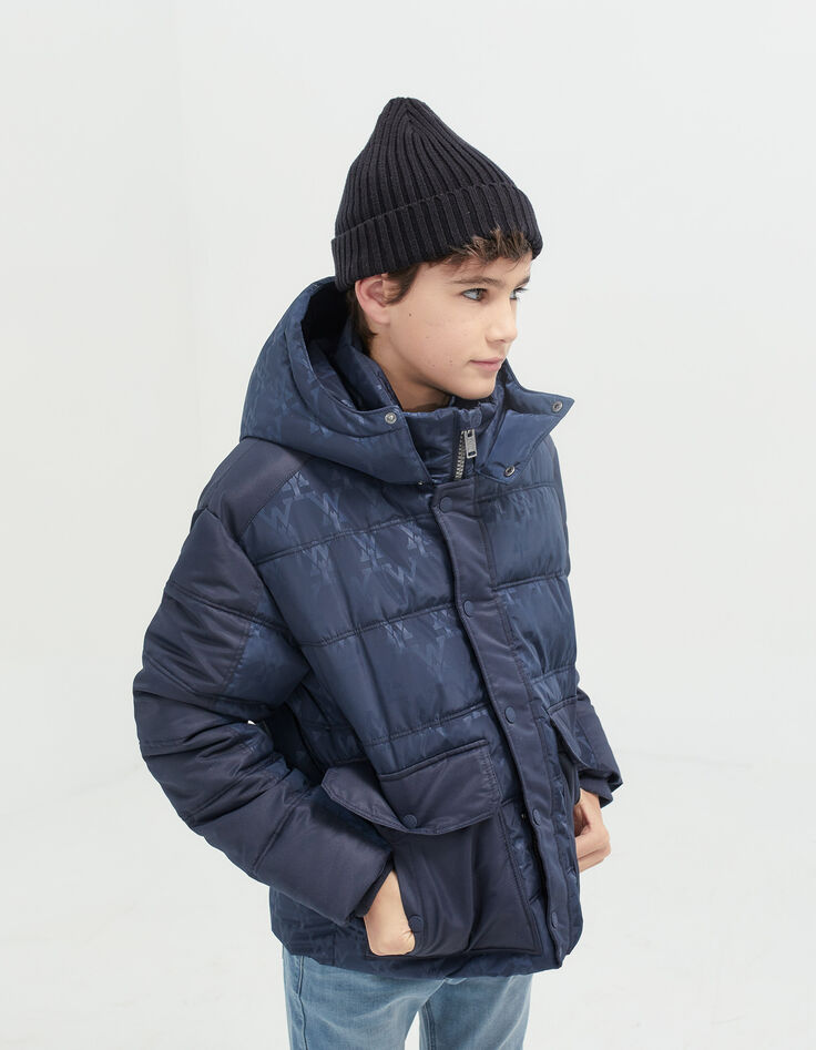 Boys’ navy mixed-fabric padded jacket with Way monogram-2