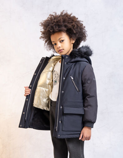 Girl's 2-in-1 black parka with sleeveless gold down jacket - IKKS