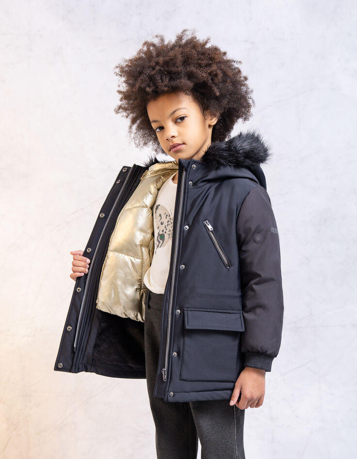 Girl's 2-in-1 black parka with sleeveless gold down jacket-1