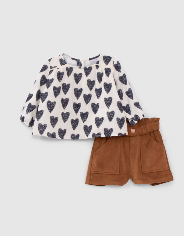 Ensemble 2-en-1 blouse coeurs et short camel bébé fille-3