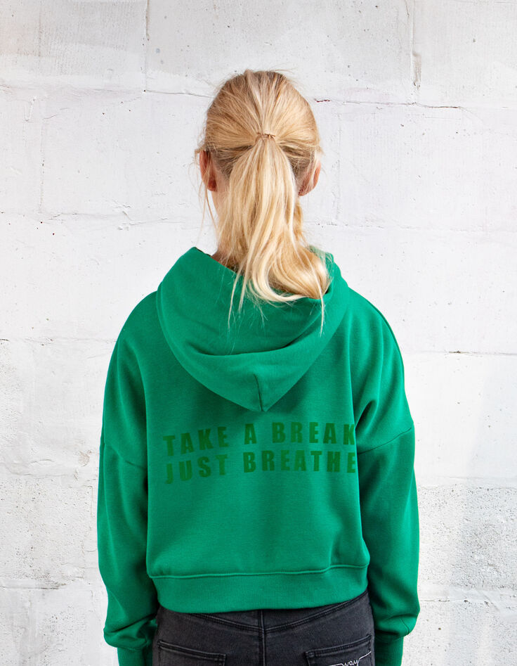 Grünes Crop-Mädchensweatshirt mit Flockierung hinten-2
