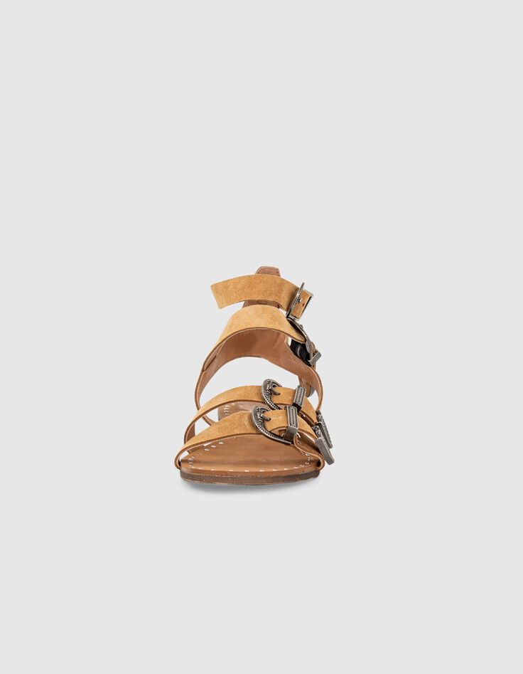 Sandales plates en cuir suédé camel boucles western femme-4