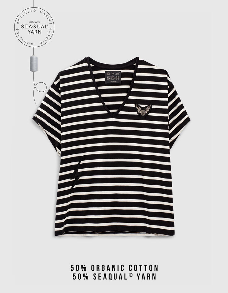 Women’s black sailor stripe T-shirt, ecru stripes & badges-2