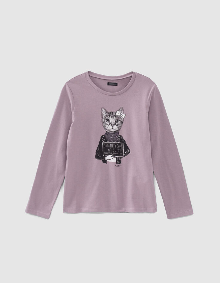 Mädchen-T-Shirt fliederfarben,  Katze mit Paillettenschal-1