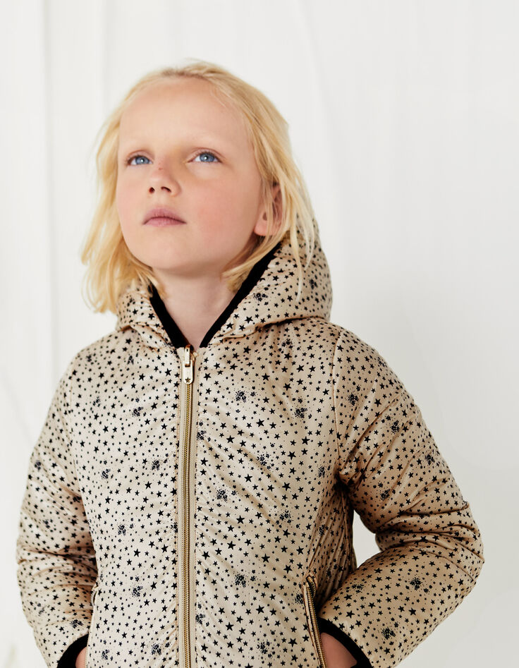 Girls’ black & star-printed beige reversible padded jacket-2
