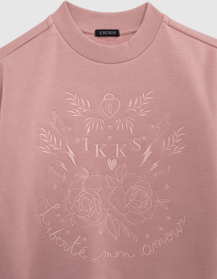 Sweat rose broderies ton sur ton fille-4