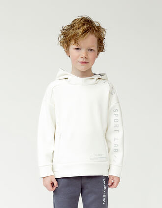 Boy's ecru hoodie, reflective sleeves, embossed slogan