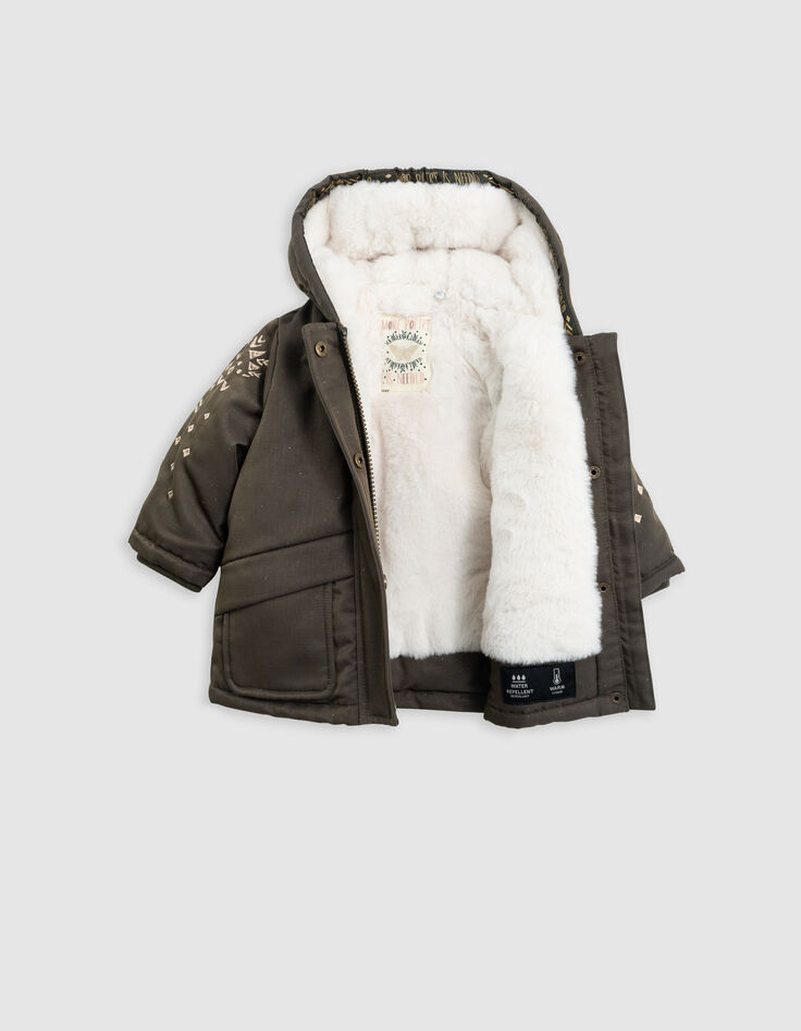 Parka kaki pailleté fourrée manches brodées bébé fille-6