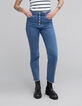 Blauwe waterloze rechte jeans met knopen en franjes Dames-3