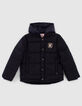 Boys' navy fabric-mix fur-lined padded jacket, nylon hood-1