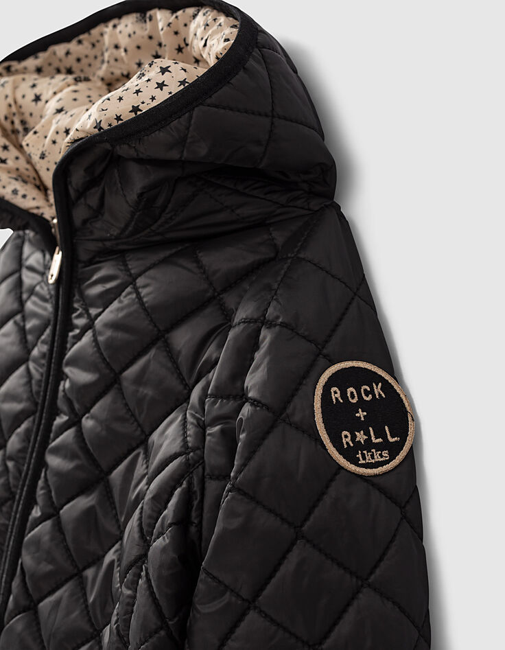 Girls’ black & star-printed beige reversible padded jacket-8