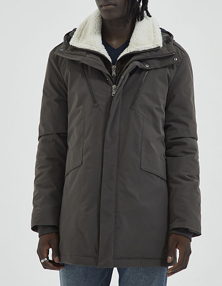 Parka marron glacé à parmenture fourrée amovible Homme-2