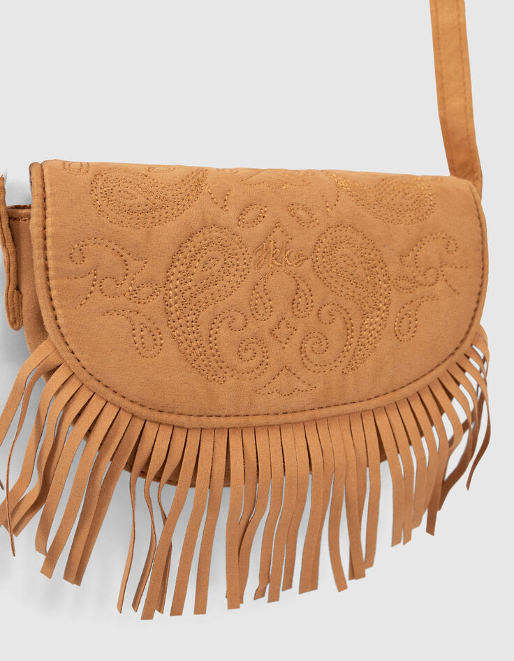 Girls’ caramel suede embroidered fringed bag-2