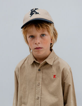 Boy’s camel corduroy shirt with embroidered lightning-K