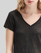 Tee-shirt col V noir en lin foil femme-4