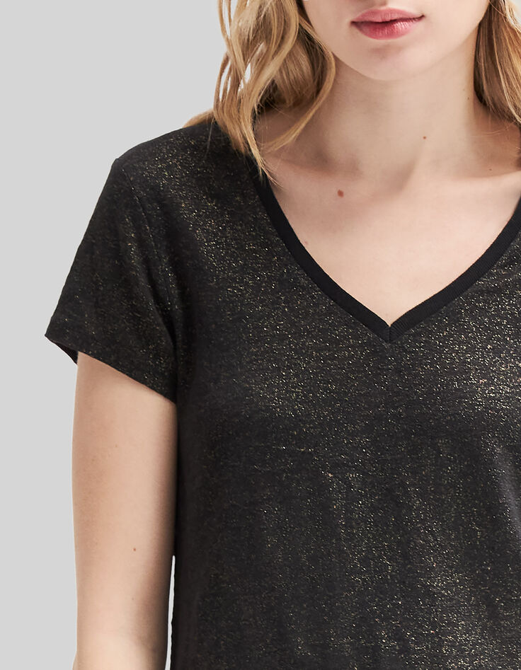 Women's black foil linen V-neck T-shirt-4