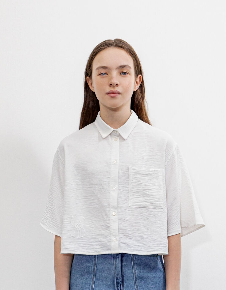 Crumpled ecru cropped shirt for girls-1