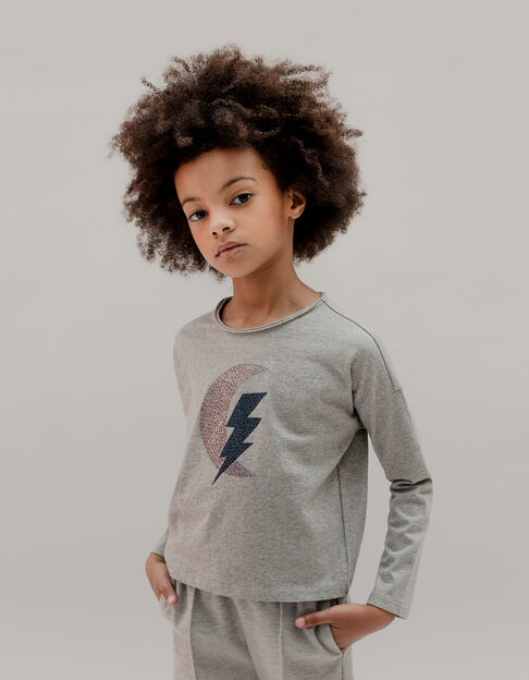 Girl’s grey T-shirt with diamante lightning and moons - IKKS