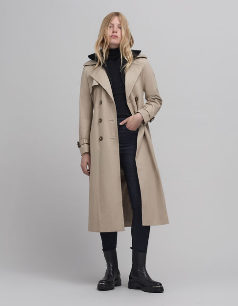 Lange beige trenchcoat voor dames met afneembare bies - IKKS