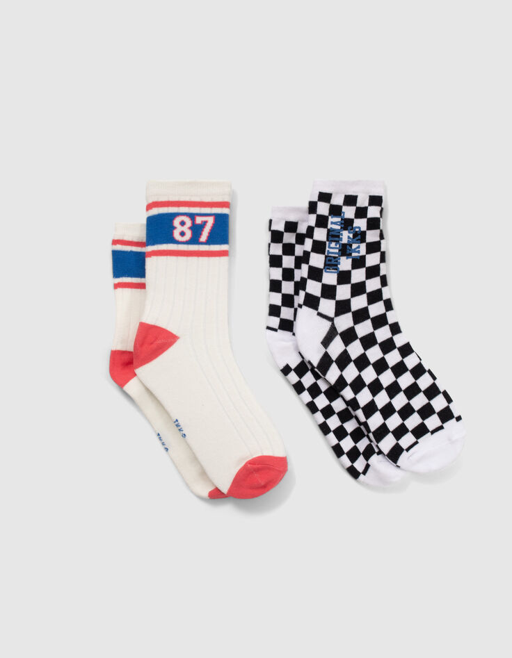 Boys’ black checkerboard/white striped socks-2